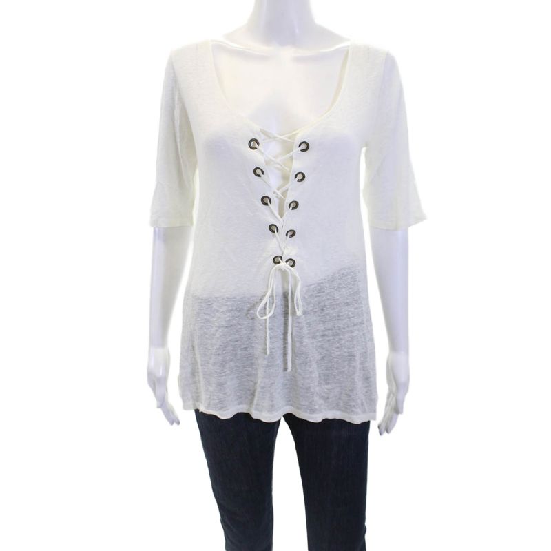 Calypso Saint Barth Womens Linen Short Sleeve Lace Up T-Shirt Top White Size Xs